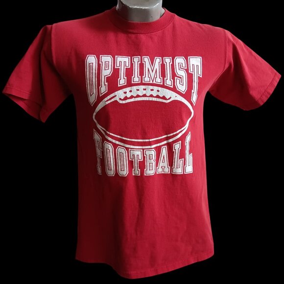 MEDIUM Vintage 1980s Mens Tee OPTMIST FOOTBALL GRAPHIC RED JERZEES USA T-SHIRT - Picture 1 of 5